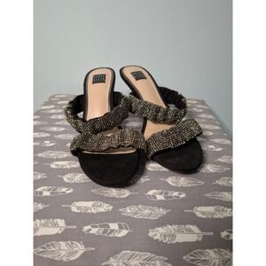 White House Black Market Black Rhinestone Ruched Kitten Heel Sandals Size 7M